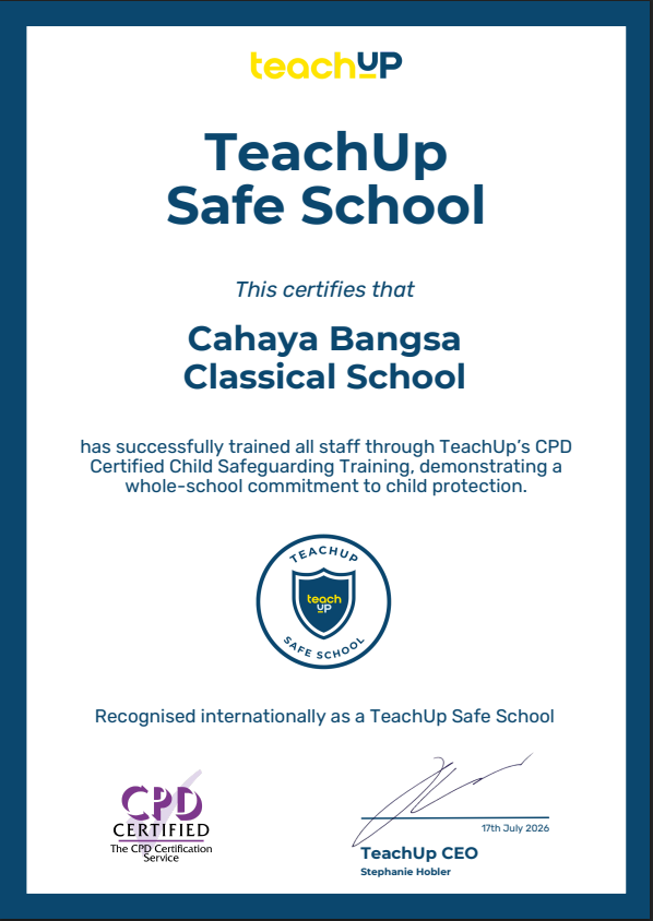 TeachUp Safe School Certificate Cahaya Bangsa Classical School 20262027